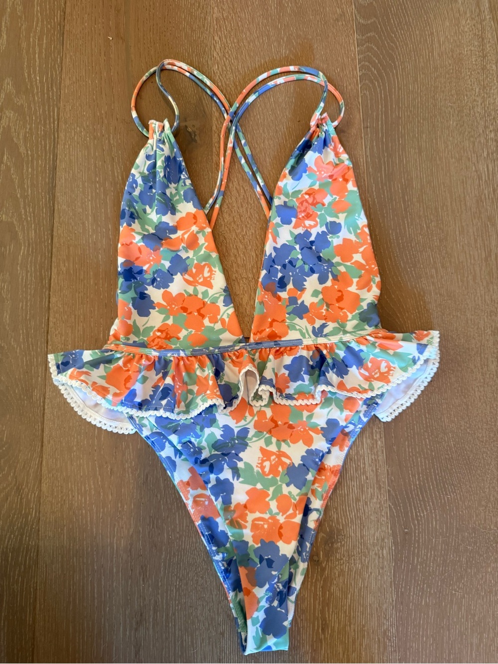 Tularosa Floral Ruffle One-Piece Swimsuit - Orange, Blue & Green- Size Small